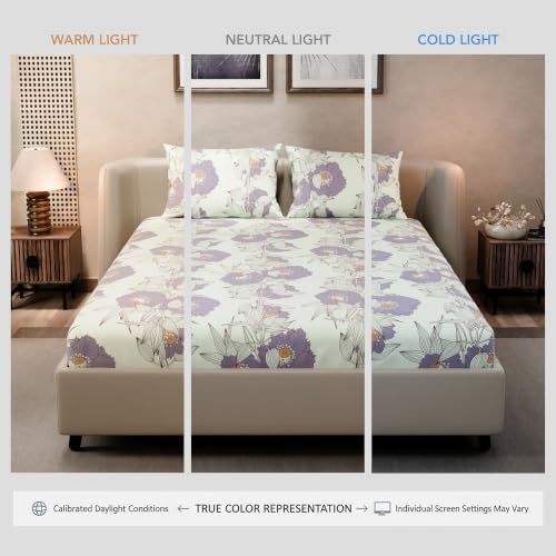 Image of BLISSHOME SoftTouch 140TC Cotton King Size Fitted Bedsheet with 2 Pillow Covers, Silky Smooth Bedding Set, Breathable, Easy Maintain, Floral Print - White, Pink (182cm x 198cm x 25cm Drop)
