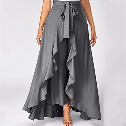 Women's Long Skirts Solid Color Elegant Bow Belt Flowy Culottes High Waist Swing Irregular Ruffles Maxi Skirt 20243