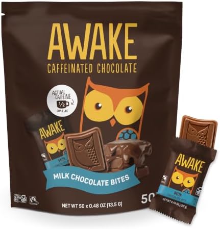 AWAKE - Caffeinated Chocolate Bites - Milk Chocolate, 50 Bites - 50mg Caffeine - Individually Wrapped Energy Bites - Coffee Alternative - Fairtrade, Gluten Free, Non GMO - 0.48oz