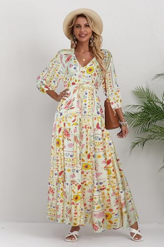 Image of Women Short Sleeve V Neck Floral Print Casual Bohemian Maxi Dresses