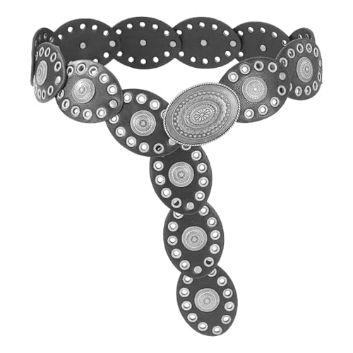 Ceinture western à boucle ovoïde style bohème vintage et disques réglables en cuir rétro