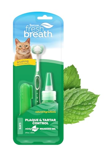 TropiClean Fresh Breath Plaque & Tartar Control Kit for Cats | Kit with Cat Toothbrush & Fingerbrush | Cat Teeth Cleaning Gel | Help with Bad Breath