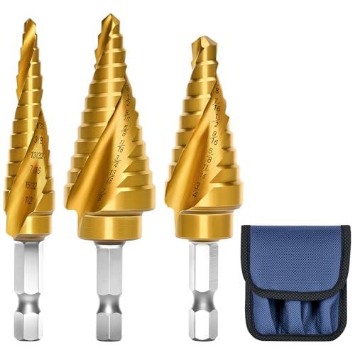 3PCS Titanium Step Drill Bit - 4241 HSS Step Bit with Two Spiral Grooved, 31 Sizes for Metal, Aluminum, Wood & Plastic, for Electricians & DIY with Portable Bag