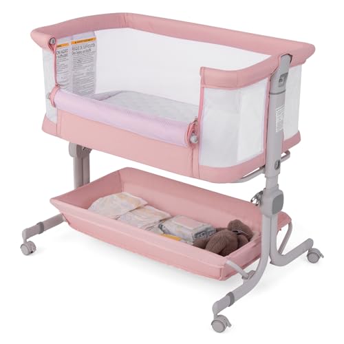 RELAX4LIFE Cuna Colecho Bebé con 6 Alturas Ajustables, Colchón, Cesta de Almacenamiento y Ruedas Bloqueables, Cunas para Bebés con Bolsa de Transporte para Bebes 0-6 Meses (Rosa)
