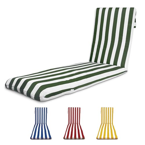 TIENDA EURASIA - Cojín para Tumbona de Jardín, Relleno de Fibra Acolchada, Funda de Tela Lavable con Cremallera, Medida 180x50x5 cm, Diseño de Rayas, Cintas y Capucha de Sujeción (Verde Botella)