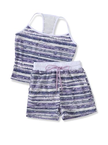 Image of Size 7-14Y Girls Clothes 2 Piece Outfits Striped Tank Top Drawstring Shorts Teen Girls Summer Clothing Sets