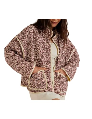 HUXRAKV Chaqueta Acolchada Corta para Mujer con Estampado Floral, Ligera y Abrigada para Otoño e Invierno con Diseño de Abertura Frontal,WD43-Rosa,M