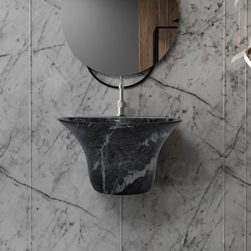 Image of REMANENCE Luxury Wall Mount Half Pedestal Wash Basin for Bathroom | Designer Wall Hung Basin | Wall Mounted Washbasin for Resturent, Hotels (16 x 16 x 11 Inch) (Black White Jelly)