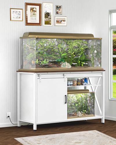 Image of Aquarium Stand for Fish Tank: 55-75 Gallon Fish Tank Stand with Sliding Door - Heavy Duty Metal Aquarium Table with Power Outlet - 2-Tier Breeder Reptile Terrarium Stand for Home & Office(White)