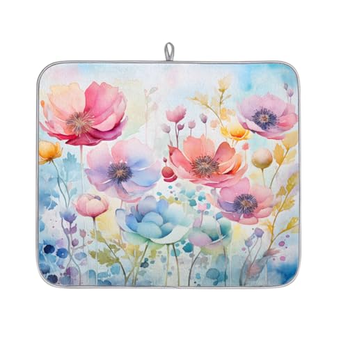 YPPAHHHH Dish Drying Mat Watercolor Spring Colorful Flowers Drying Mat for Kitchen Counter 16x18in Absorbent Dish Drainer Rack Pad, Heat Resistant Coffee Bar Mats Countertop Protector
