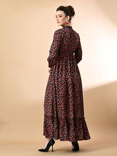 Image of KZULLY | Floral Printed Maxi Dresses for Women | Long Sleeve Beautiful Floral Patterns | Stylish and Elegant Dress | Tie Neck