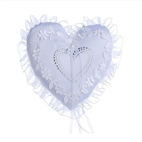 Coussin pour alliances avec motif cœur en dentelle et fleurs pour mariée, boîte avec strass pour décoration de fête de mariage – Blanc, 18 x 15 cm