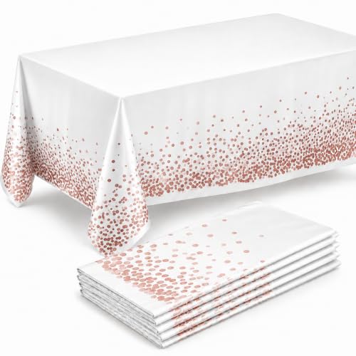 Image of Prestee Rose Gold Plastic Table Cloth Disposable, 4 Pack - 54x108 Inch Rectangle Tablecloths for Wedding and Party - Heavy-Duty, Waterproof Table Covers - Pink and Gold, for Birthday or Fine Dining