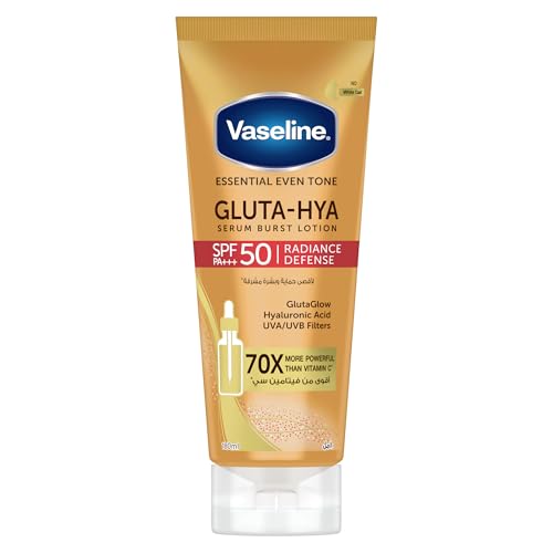 Vaseline Gluta-Hya Serum Burst Lotion Radiance Defense SPF 50 PA+++ with GlutaGlow Technology Hyaluronic Acid and UVA/UVB Filters 70x More Powerful than Vitamin C 180ml