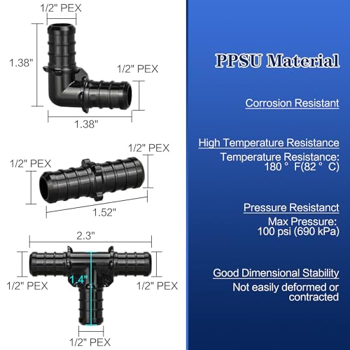 1/2" Poly PPSU Barb Crimp PEX Fitting, 30pcs PEX Fitting Combo, 10pcs Each Elbows Tees Straight Couplings, No Lead (30pcs, 1/2" Combo) - Image 4