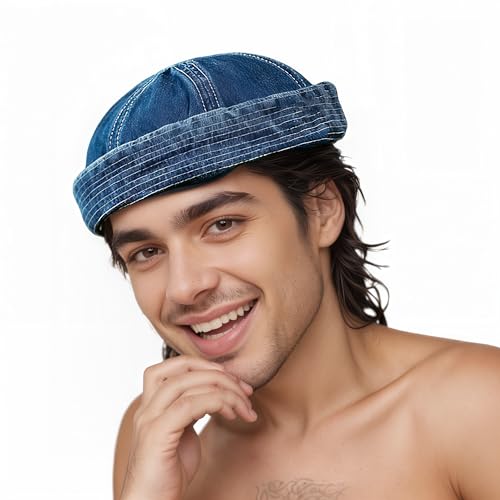 Fashion Denim Vintage Docker Beanie Hat - Unisex Men Women Brimless Cuffed Skullcap Watch Cap Adjustable (US, Alpha, One Size, Blue)