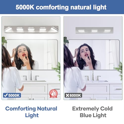 Image of Torondo 360 Rotate LED Bathroom Vanity Light Fixtures, Acrylic Vanity Lights for Bathroom, Modern Wall Lighting Fixtures Over Mirror Living, Brushed Nickel, Natural White, 5-Light, 34-Inch