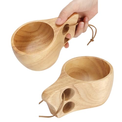 2pcs Wooden Camping Mug, Kuksa Wood Camp Mug with Leather Lanyard Nordic Style Wood Mug Drinking Cup Portable Hiking Tableware