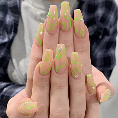 24 Pcs Coffin Press on Nails Long, Sunjasmine Fake Nails Glue on Nails, Glossy False Nails with Glue, Acrylic Nails for Women and Girls (Beige Abstract Swirl)