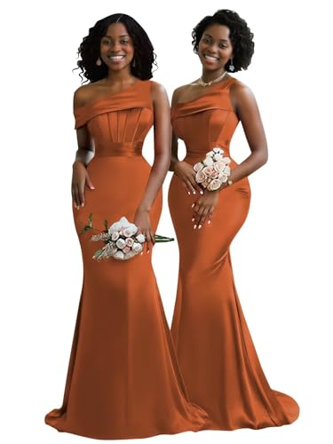 BONOYUER Satin One Shoulder Bridesmaid Dresses for Women Mermaid Corset Prom Dress Long Formal Evening Gown