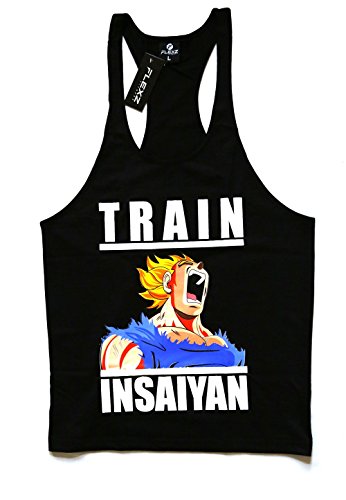 FlexzFitness Train Insaiyan Singlet Stringer Vest Bodybuilding, Zyzz YBack Racerback DBZ - Blue - X-Large