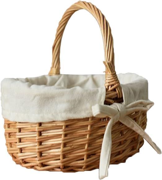 Wicker Basket with Handles 7.9inch Multipurpose Natural Willow Basket Portable Handmade Rattan Storage Container with Linen Cotton Cloth Lining Open Top Market Harvest Baskets for Fruit Egg Gathering