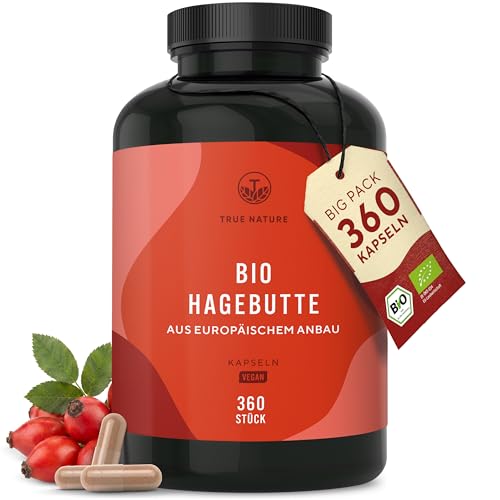 Bio Hagebutten Kapseln hochdosiert EU Anbau 3900mg Hagebuttenpulver 360 Kapseln reine getrocknete Hagebutte ballaststoffreich vegan & laborgeprüft TRUE NATURE