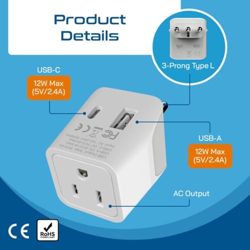 Image of Italy, Chile, Uruguay Travel Adapter Plug by Ceptics with Dual USB - USA Input - Type L - Ultra Compact - Perfect for Cell Phones, Laptop, Camera Chargers, iWatch, iPad, iPhone and More (CTU-12A)