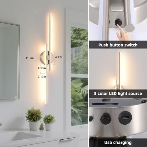 Image of Battery Operated Wall Sconce set of 2, USB Rechargeable Wireless Sconces with Remote Control, LED Dimming Wall Lamp 3 Color /Timer /Memory, 31.4 inch Brushed Nickel Wall Lights for Bedroom Living Room