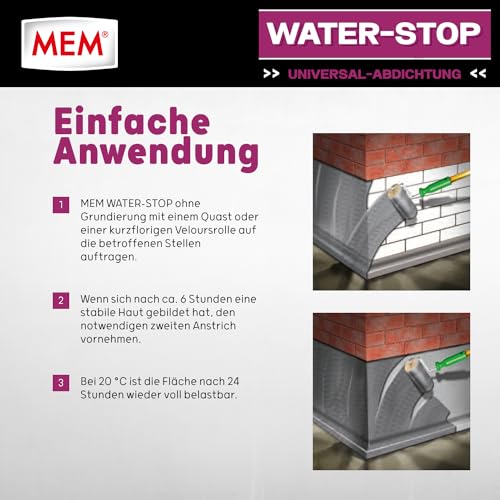 Foto von MEM Water Stop Abdichtungsmasse, Universalabdichtung & Feuchtigkeitssperre für innen & außen, Sofort dichtend, Lösemittel-, silikon- & bitumenfrei, Grau, 1 kg Eimer