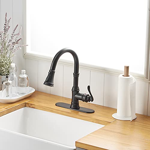 Bathfinesse Matte Black Kitchen Faucet With Pull Down Sprayer 3 Function Faucet For Kitchen Sink Single Handle High Arc Commercial Pull Out Spray Head Rv Kitchen Faucet Gooseneck Deck Plate Include #TOP2