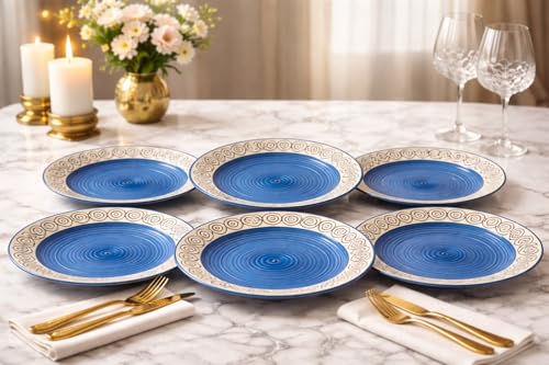 Image of Ceramic Plate Set,10 inches - Set of 6 Large Size Dinner Plate for Snacks, Appetizers etc. Handmade Stoneware Dinner Plate (Blue) (Blue Doodle)