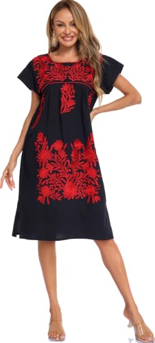 Image of YZXDORWJ Women Mexican Embroidered Long Dress Ruffle Collar Maxi Boho Floral Summer Short Sleeve