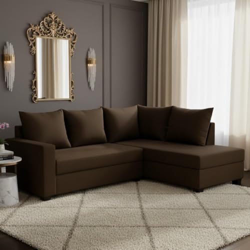Image of FURNY Gloria 4 Seater Fabric RHS L Shape Sofa Set (Dark Brown) Premium Velvet Finish | Durable Comfort | Ideal for Living Room