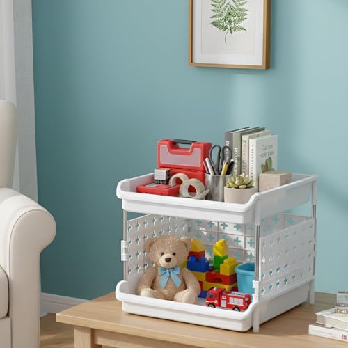 Image of JD Fresh 2 Tier Plastic Storage Drawer Organizer /Stackable Modular Storage Rack for Clothes /Breathable Design Kitchen Organizer /Multipurpose Shelves Storage for Office, kids room and Pantry (White)