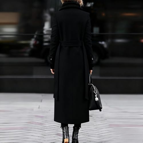 BUhuiBabubu Women's Coats Sale, Womens Winter Double Breasted Wool Blend Coats Long Sleeve Notch Lapel Dressy Long Trench Coat Work Office Overcoat for Ladies Graduation Gifts for Her,Black,XL,u754k - Image 2