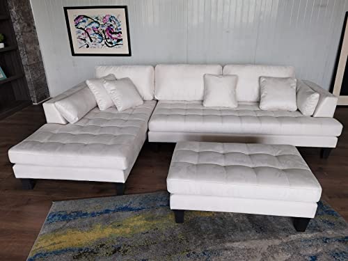 Stendmar 3Pc 120" Contemporary Cream Microfiber Sectional Sofa Chaise Ottoman S168Lw #TOP5
