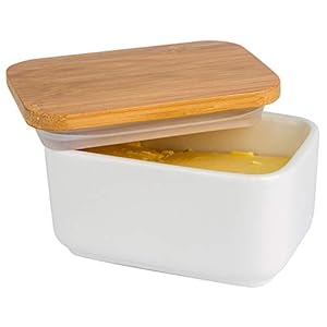 Porcelain Butter Dish with Lid,Ceramic Butter Dish with Bamboo Lip,Butter Keeper Container with Cover for Countertop or Refrigerator,Heat Resistant Kitchen Butter Storage Dish,White (300ml)