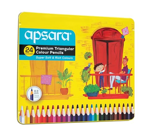 Image of Apsara 24 Full Size Premium Triangular Colour Pencil,Brilliant Colours,Hex Shape,Easy Grip,Superior Lead Quality,Use for School,College&Artist Student,Pack of 1-24 Colour Pencils,Ink Color-Multicolor