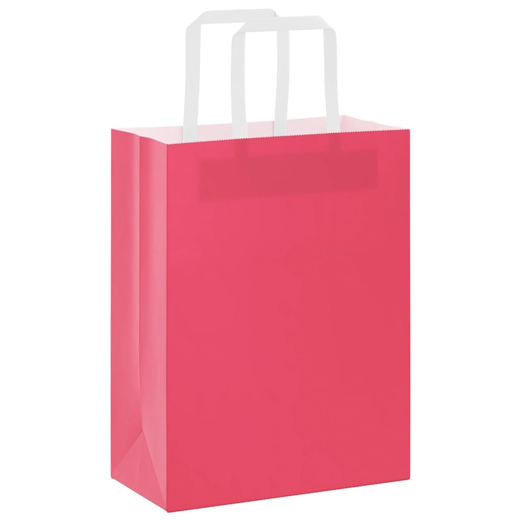 Torby papierowe kraft 250 szt. z różowymi uchwytami 21 x 11 x 28 cm, trwałe i nadające się do recyklingu torby na prezenty i zakupy, na imprezy, zakupy i odpady