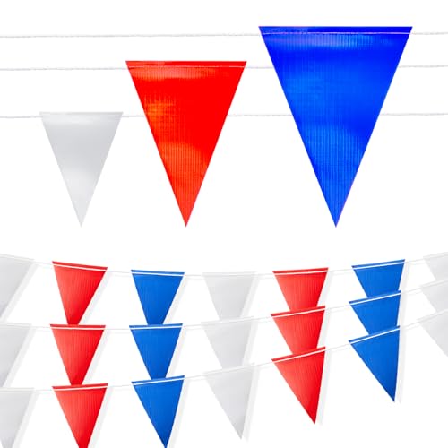 Safety Warning Pennant Banner Flags – 105FT OSHA High Visibility Colored Triangle Flags for Construction Zones, Roadwork, and Hazard Areas(RED+WHITE+BLUE,45PCS)