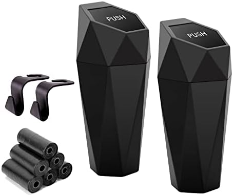 Ginsco 2 Pack Mini Car Trash Can With Lid, Cup Holder, Leakproof Small Trash Cup for Home, Office With Additional 2 Hooks and 90pcs Trash Bags Black