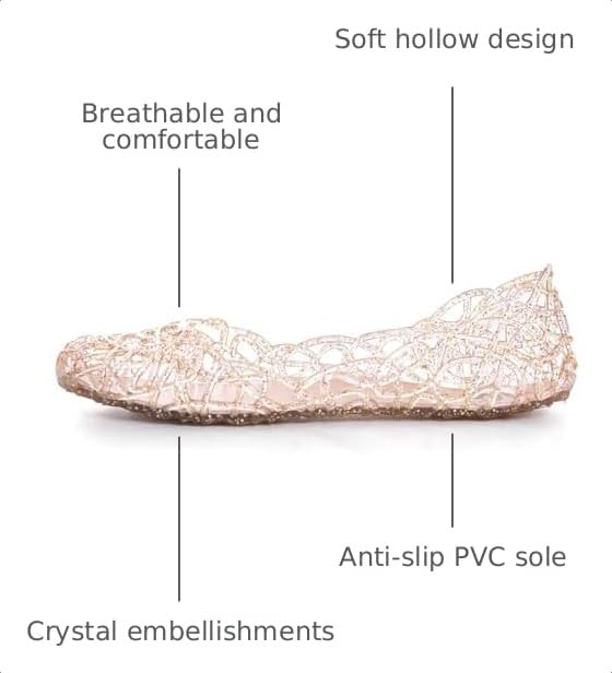 Image of Stunner Women Beach Jelly Shoes Slip On Crystal Summer Hollow Ballet Flats | Summer Cool PVC Breathable Outdoor Indoor Dressy Flat Sandals for Holiday Shopping Spa Swimming Pool