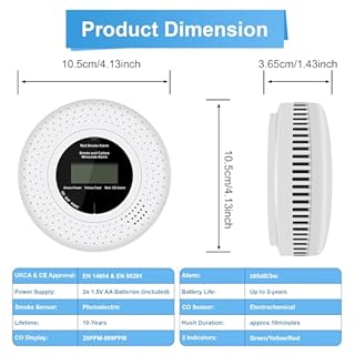 Scondaor Détecteur de Fumée et de Monoxyde de Carbone combiné avec Affichage LCD, Alarmes de Fumée Pile AA remplaçable Incluse, Alarme pour Fumée et CO avec Bouton Test/Silence, Lot de 1