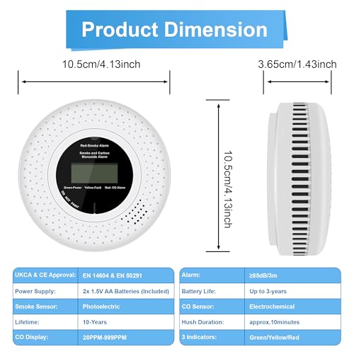 Scondaor Kombinierte Rauch- und Kohlenmonoxid-Melder mit LCD Anzeige, CO-Melder mit austauschbarer Batterie, nach EN14604 & EN50291 Standard Zertifiziert, 1er Set
