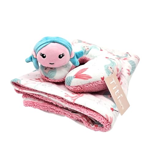 Image of TITI with Love Reversible Baby Blanket and Pillow Set - Mermaid Baby Blanket with Plush Pillow for Girl, Ultra-Soft Reversible Design, 37x27 in