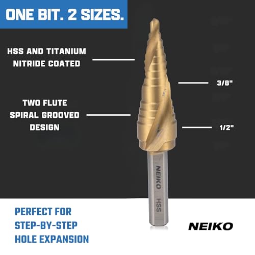 Image of NEIKO 10615A Step Drill Bit, 2 Steps 3 /8 inch to 1 /2 inch Spiral High Speed Steel, Titanium Nitride Coated, 1 /4 inch Tri Flat Step Bits for Steel, Metal, Wood, Plastic, Unibit Cone Drill Bits, Two Flute
