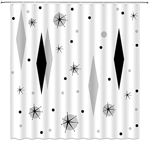 SRAUYST Mid Century Modern Shower Curtain Gray Black Diamond Atomic Starbrust Polka Dot Retro 50s Minimalist Geometric Fabric Bathroom Decor Sets with Hooks