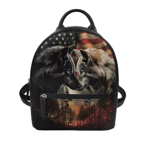 Amzbeauty Wolf USA Flag Print Adjustable Shoulder Strap Mini Backpack Soft Leather Purse For Women Small Size