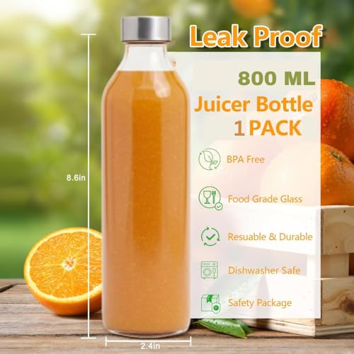 Image of Glassbunny Glass Water Bottle with Leak-Proof Airtight Stainless Steel Lid for Water, Smoothie, Juices Reusable Travel Drinking Fridge Bottle 800 ML